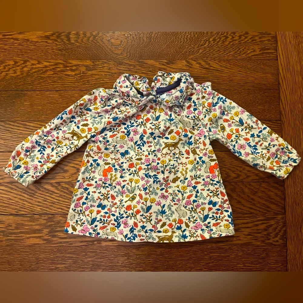 Baby Boden Long Sleeve Floral Woodland Creature Collared  Blouse Size 3-6 Months